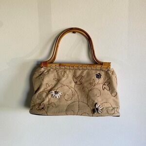 Vintage Y2K Boho Shell Embroidered Bag Bamboo Handle St. John's Bay Beige Purse